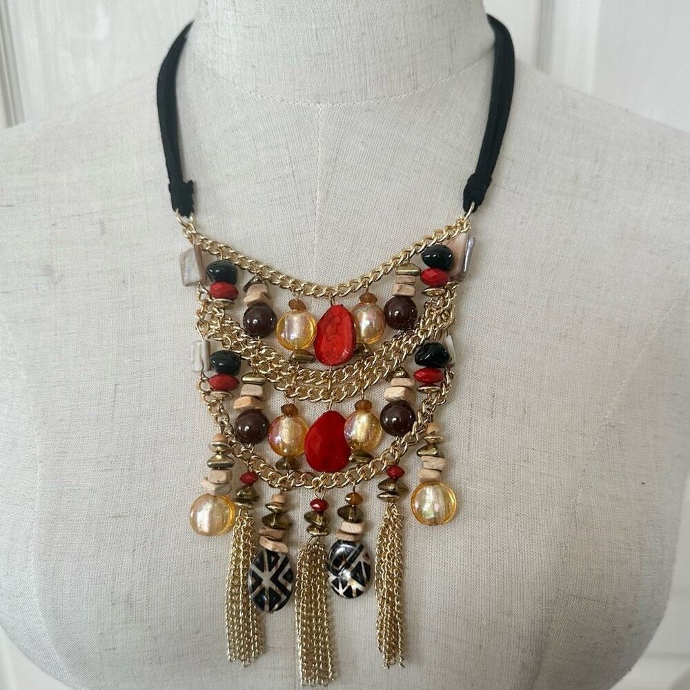 Ruby Rd gold tone beaded chain tassel statement necklace